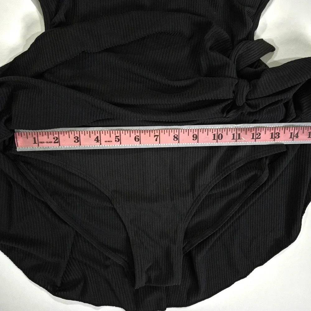 Aidonger Womens Black Ribbed One Piece Swim Dress V-Neck Side Tie Swimsuit Small